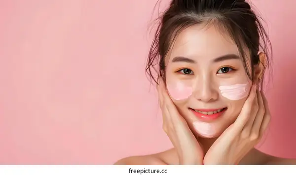 Smiling Asian Woman with Pink Face Mask