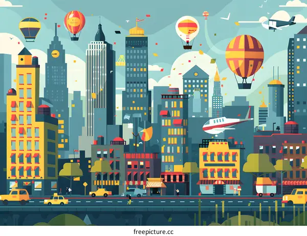 Colorful Cityscape Illustration with Hot Air Balloons, Planes and Cars
