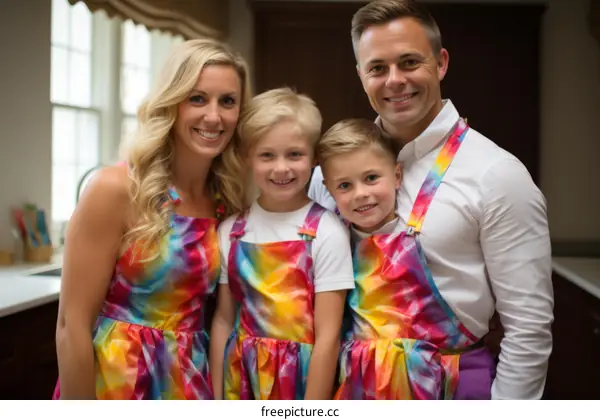 Happy family of four wearing colorful aprons in the kitchen