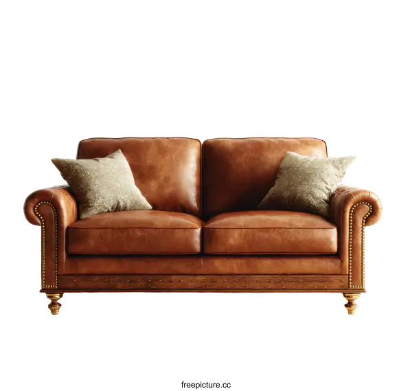 [Transparent Background PNG]Classic Brown Leather Sofa with Pillows