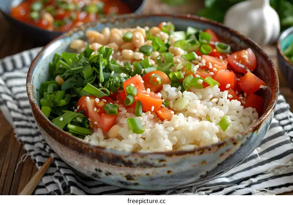 Rice, tomatoes, spinach and beans in a bowl