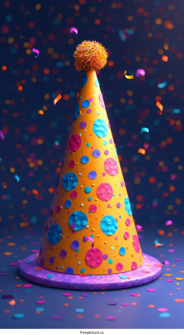 3D illustration of a Birthday Party Hat with polka dots and a pom pom on top