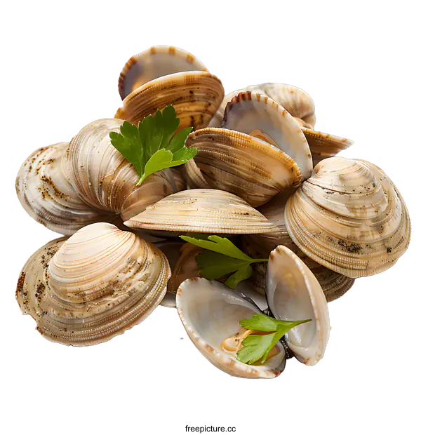 [Transparent Background PNG]Fresh Clams with Parsley Garnish