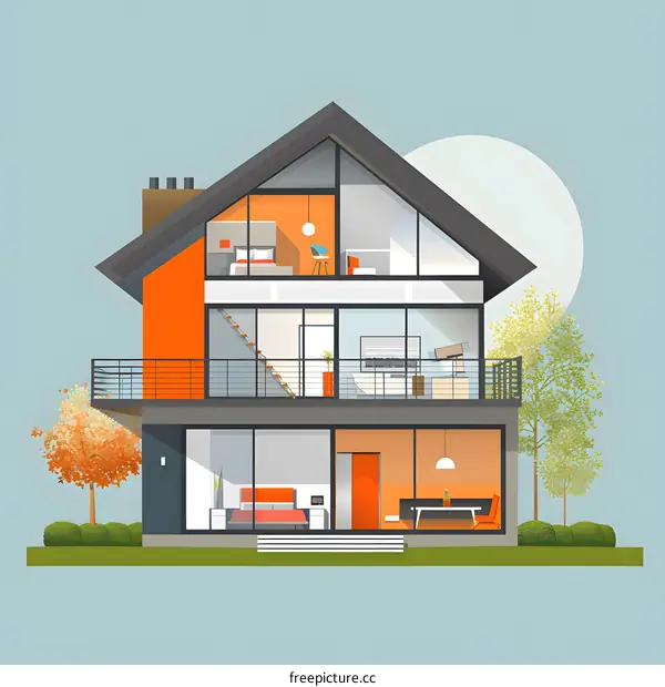 Modern Home Design Illustration With Transparent Walls