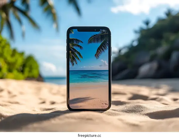 Smartphone On A Beach With Palms And Ocean In Background