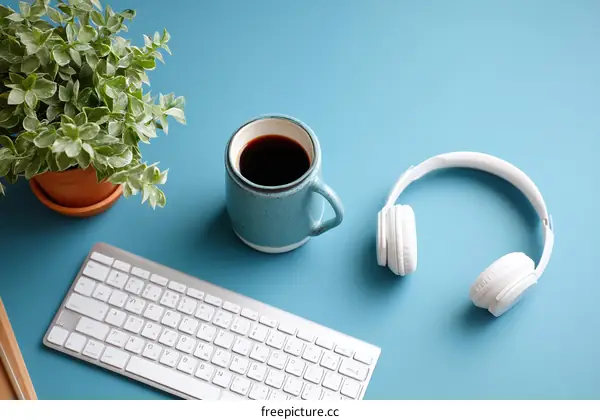 Cozy Workspace with Coffee and Headphones