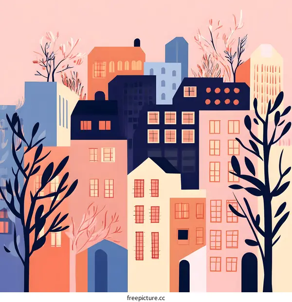 Colorful Cityscape with Trees and Buildings