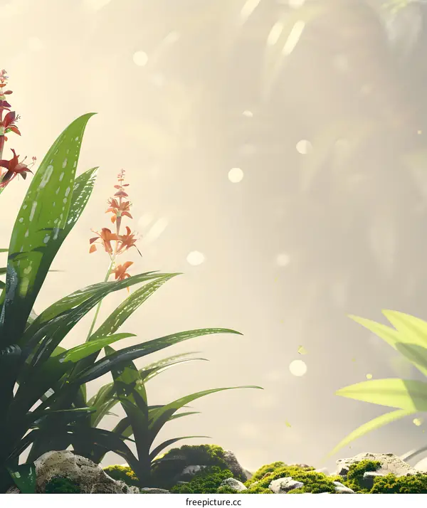 Green Leaves and Flowers with a Blurred Background