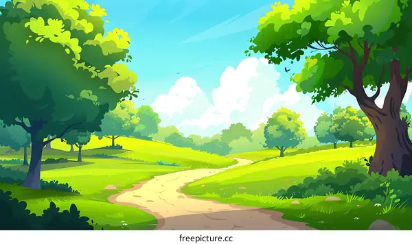 Green Grass Path in Summer Forest Illustration