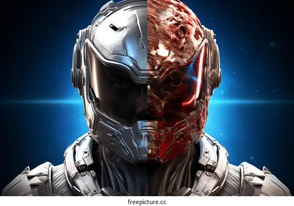 Astronaut helmet with half flesh and half metal