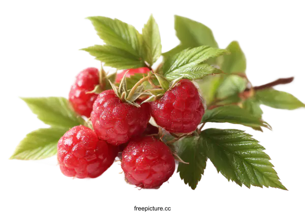 [Transparent Background PNG]Fresh Raspberries with Leaves Close-up