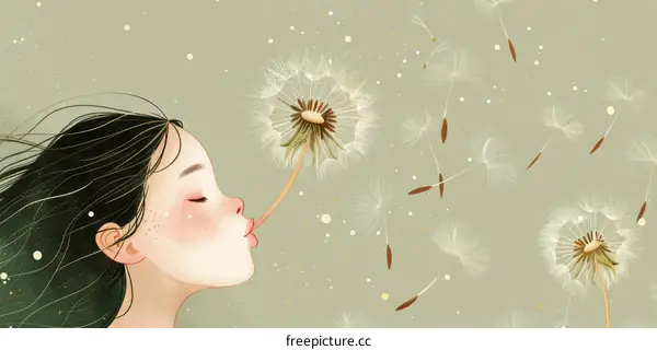 Asian Girl Blowing Dandelion Seeds for Wishes