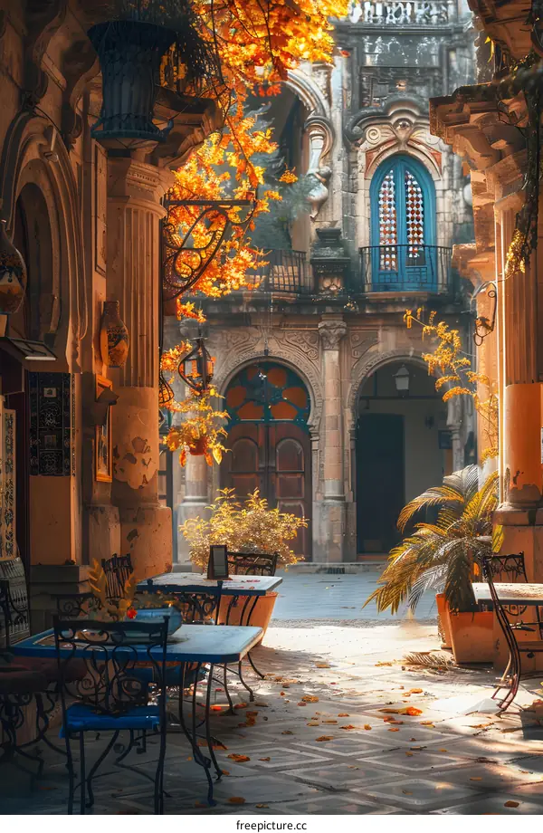 Autumn Leaves and Old Architecture in a European Courtyard