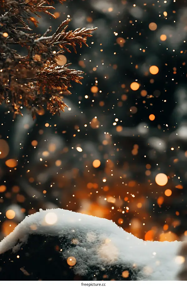 Winter Snow Falling on a Branch With Bokeh Lights in the Background