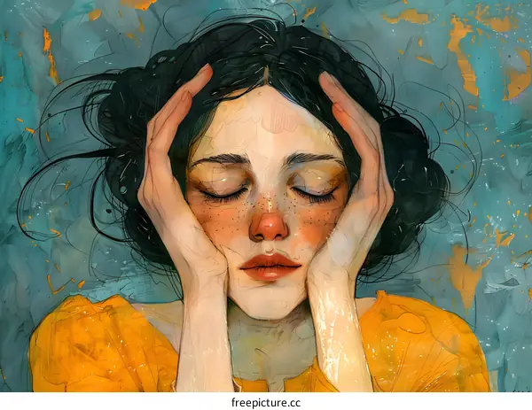 Watercolor Portrait of Woman with Closed Eyes and Hands on Face