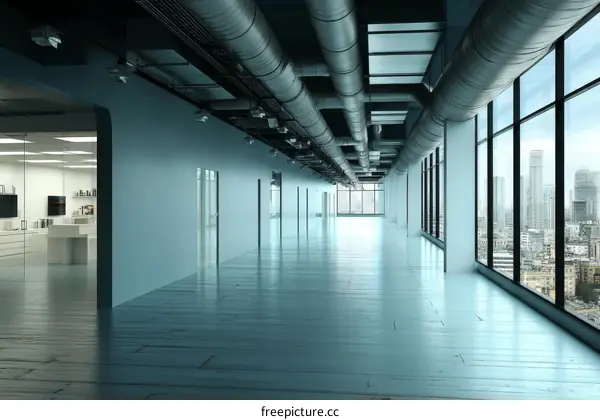 Modern Empty Office Corridor with City View