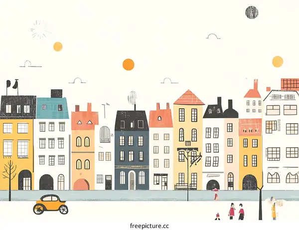 Cute Illustration of a Colorful Town with Buildings, People, and a Yellow Car