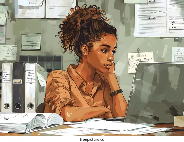 A young woman of color sits at her desk looking at her laptop thoughtfully
