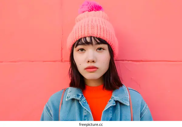 Young Asian Woman in Pink Beanie in Front of Pink Wall