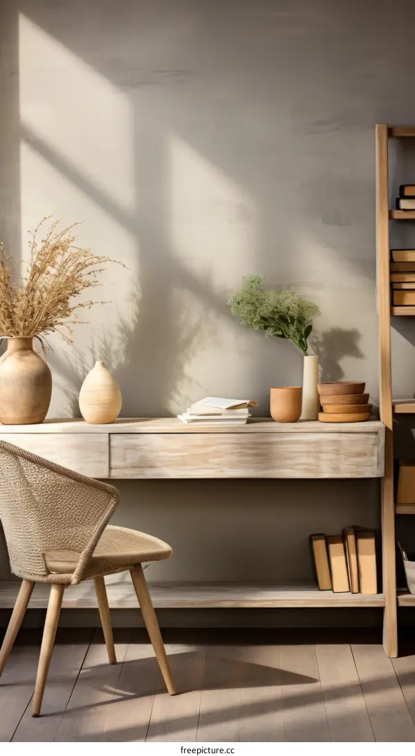Minimalist home office with natural light and a wooden desk