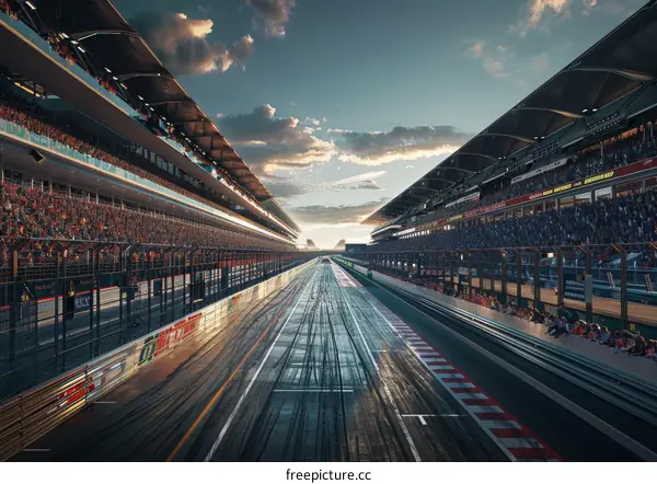 Formula One Racetrack with Empty Stands at Sunset