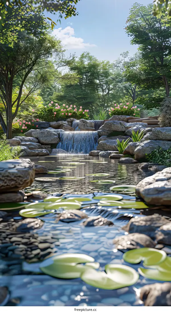 Waterfall in a Rocky Garden with Trees and Flowers
