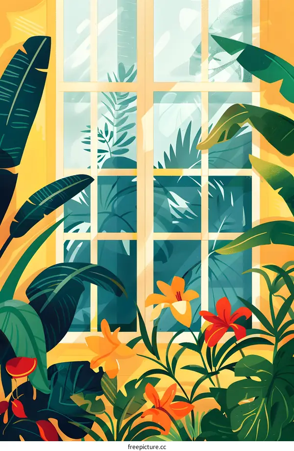 Tropical Plants Through Window Illustration