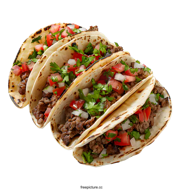 [Transparent Background PNG]Four delicious tacos with ground beef, tomatoes, onions and cilantro