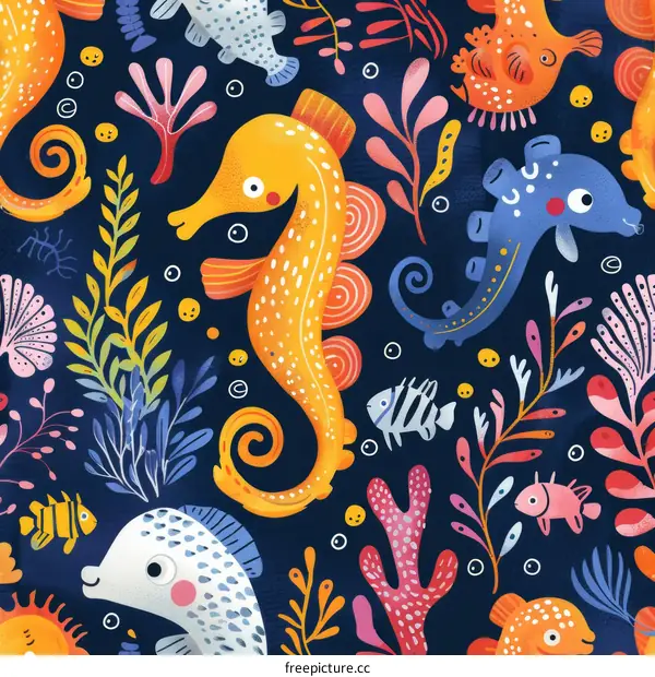 Underwater seahorse and friends seamless pattern