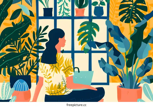Woman Sitting by Window With Plants