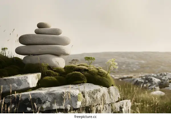 Stacked Stones on Mossy Rock in a Landscape