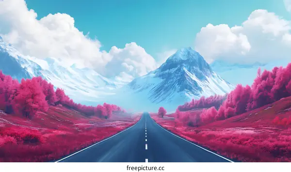 Mountain Road With Pink Trees and Blue Sky