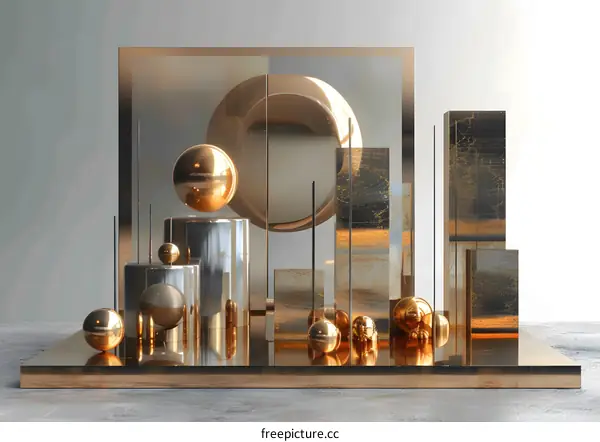 Abstract Geometric Composition with Golden and Silver Spheres