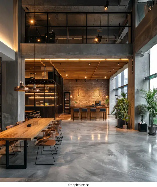 Modern office interior with wood and brick elements