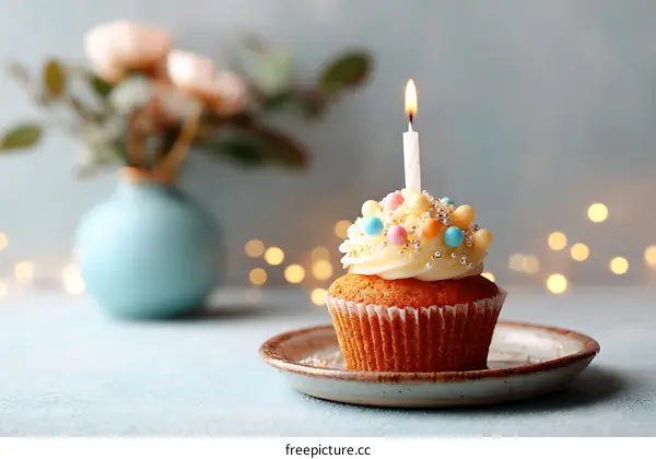 Birthday Cupcake with Candle and Decorations
