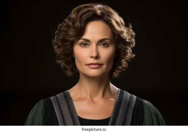 Portrait of a Beautiful Brunette Woman in a Black Dress with a White Collar