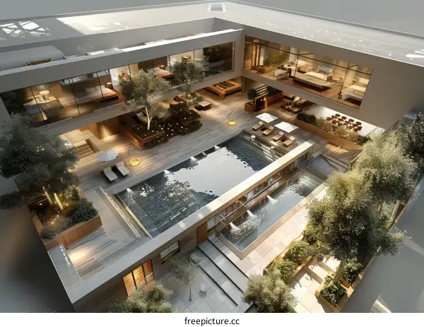 Modern Courtyard House with Pool and Garden Design