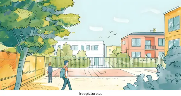 Two Boys Walking Past a Basketball Court Illustration