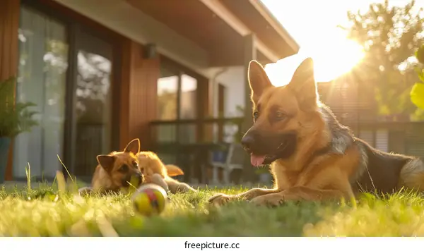Two dogs playing in the backyard on a sunny day