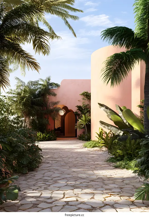 Tropical Resort Architecture with Palm Trees and Stone Path