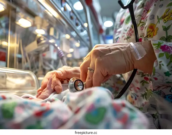 Close-up of a doctor checking a newborn baby's heartbeat with a stethoscope