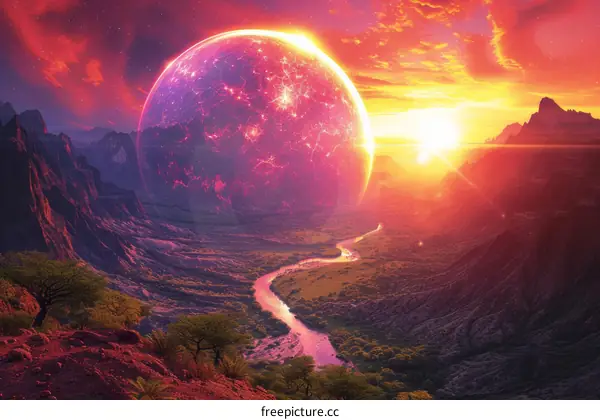 Canyon landscape with a red glowing moon