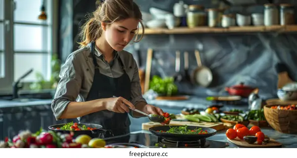 Young woman is cooking in the kitchen
