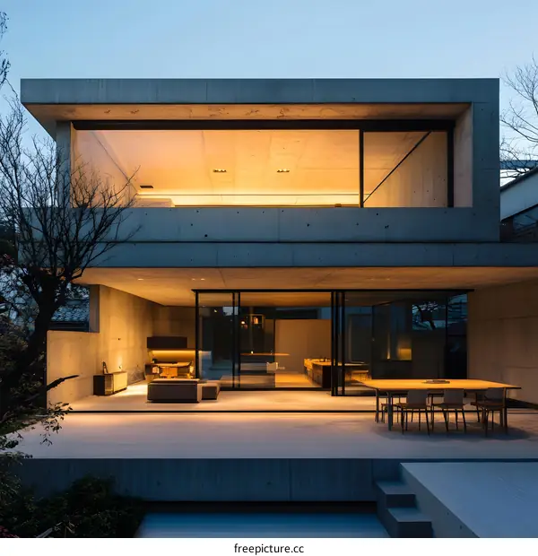 Modern Concrete House with Large Windows and Patio