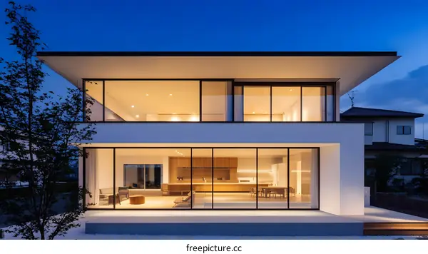Modern Minimalist Home with Large Windows and a Tree
