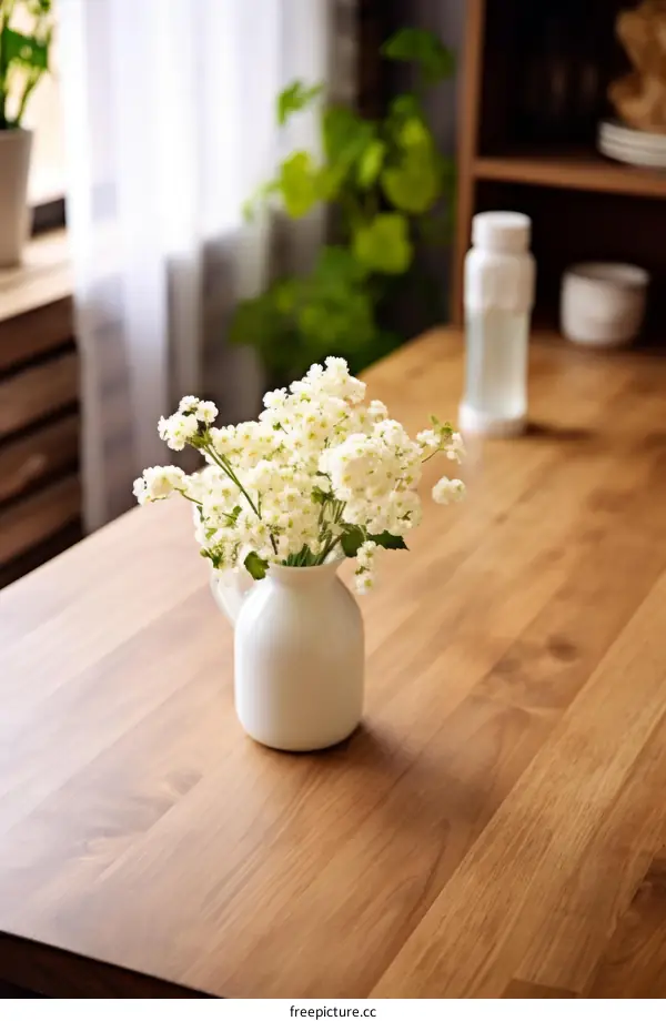 Simple White Flowers in a Vase on a Wooden Table