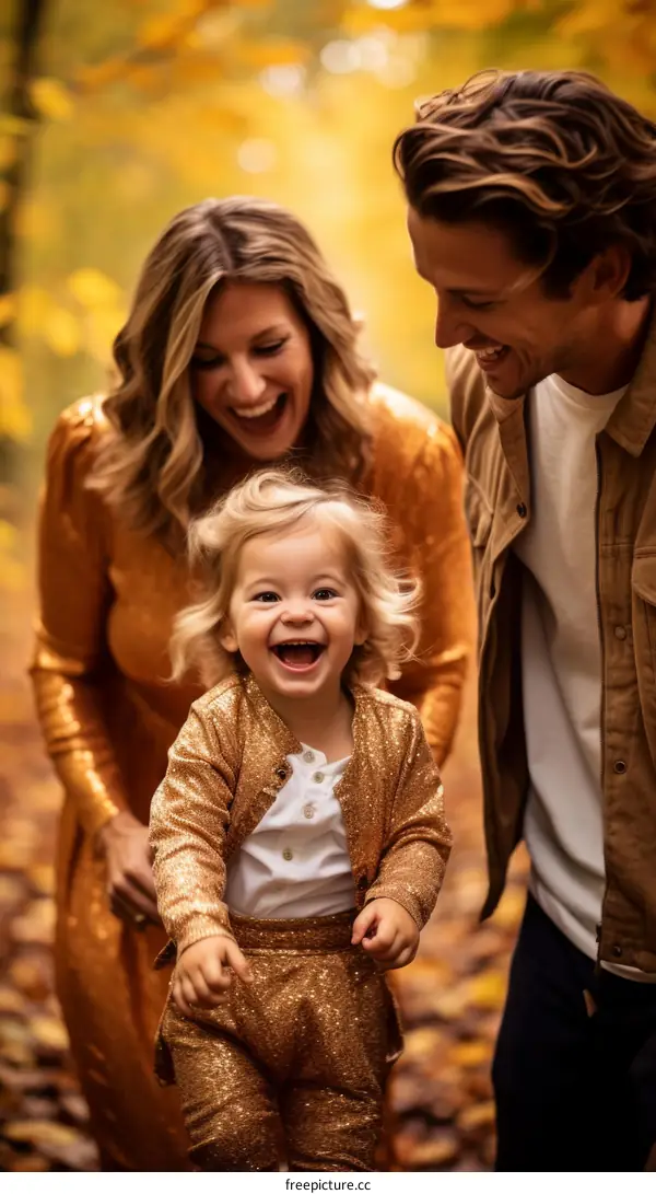 Family of three walking in the woods