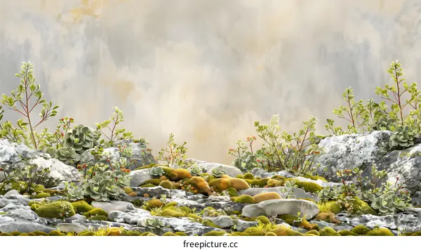 Green Plants and Moss on Rocks with a Soft Background