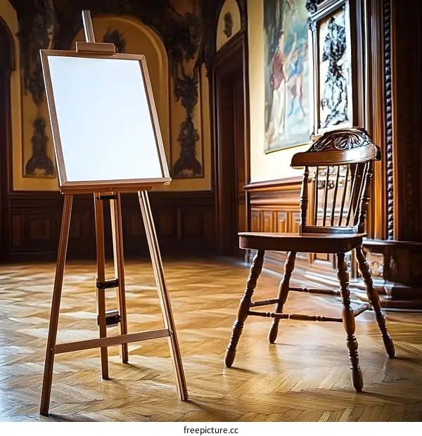 Wooden Easel with Blank Canvas in Classic Interior