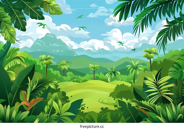 Tropical Rainforest Landscape With Mountains And Lush Greenery